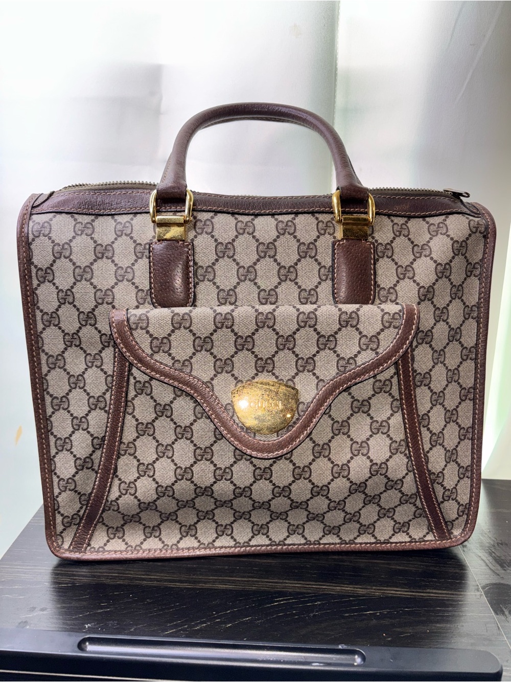 Gucci Brown GG Canvas Top-Handle Bag with Gold Hardware